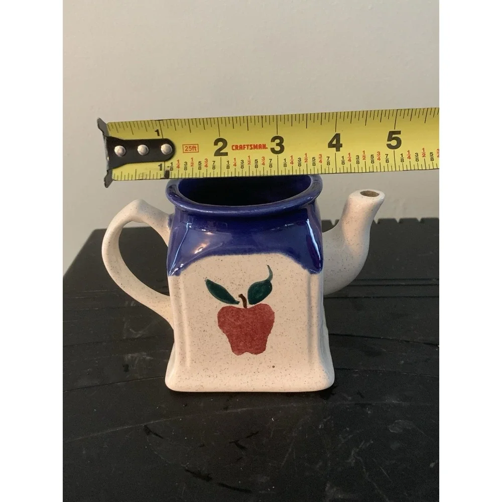 Ceramic Square Tea Pot 12 oz Glossy Pottery Apple Pattern Blue Rim Handle